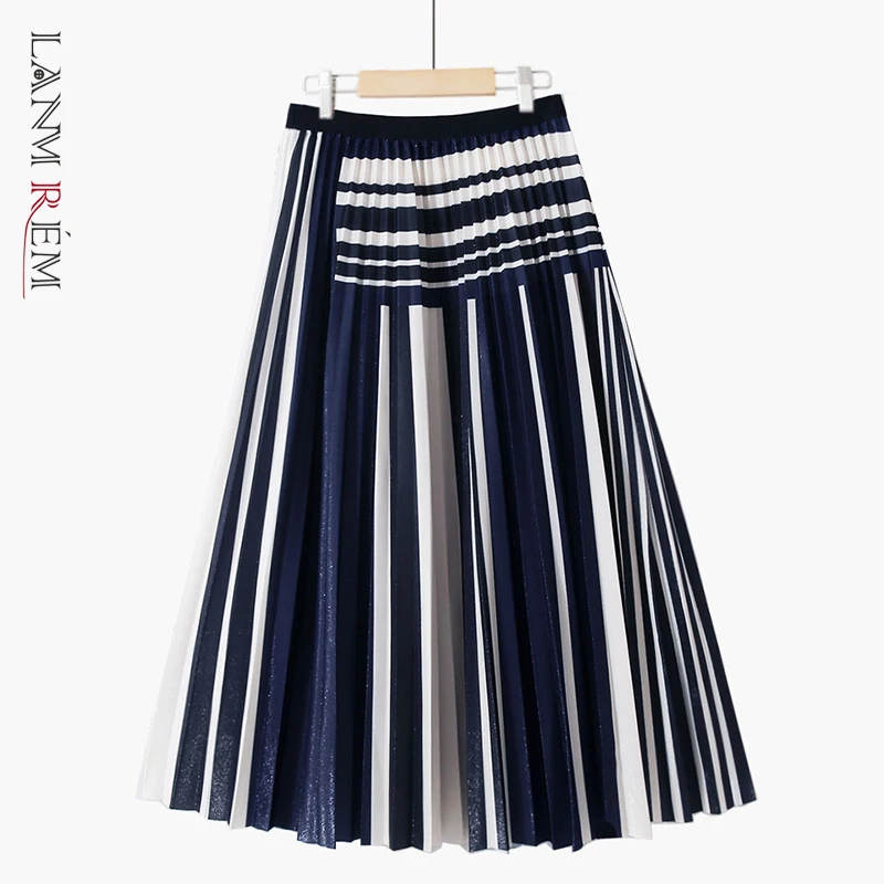 

LANMREM 2021 Осень Зима Новая Женская эластичная блестящая юбка трапециевидной формы в полоску с высокой талией Женская мода 2W1572