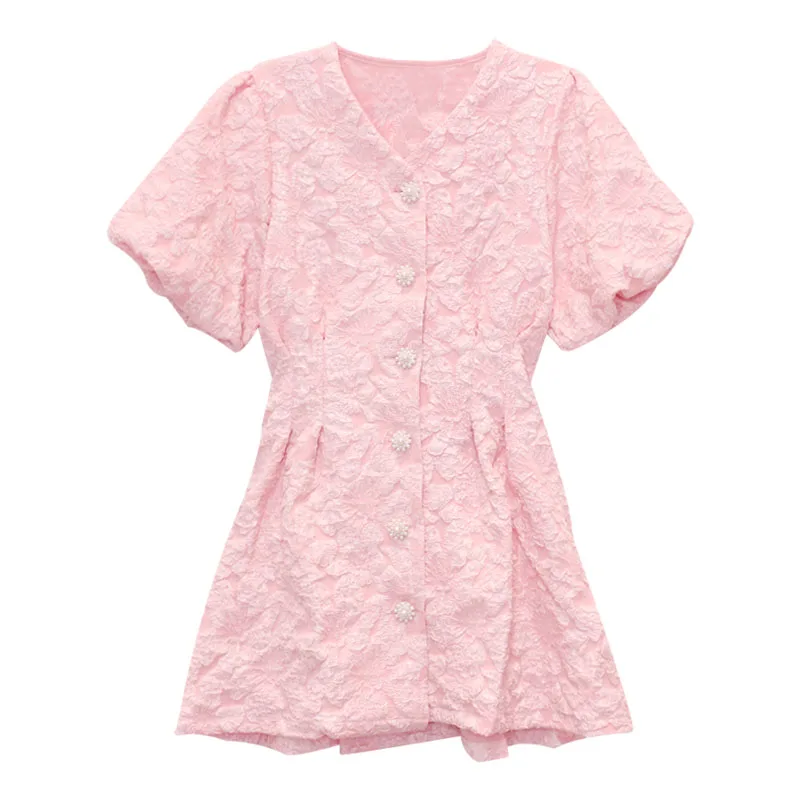 

Kawaii Korean Solid Mini Dress Sweet Holiday Dew Waist Dresses Women French Sexy Ladies Party V-Neck Short Sleeve Dresses 2021