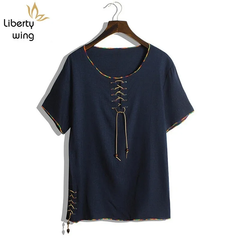 

Plus Size 8XL Mens Summer Linen O-Neck Short Sleeve Indie-Folk Style Loose Fit Casual Tops T-shirt Male Comfortable