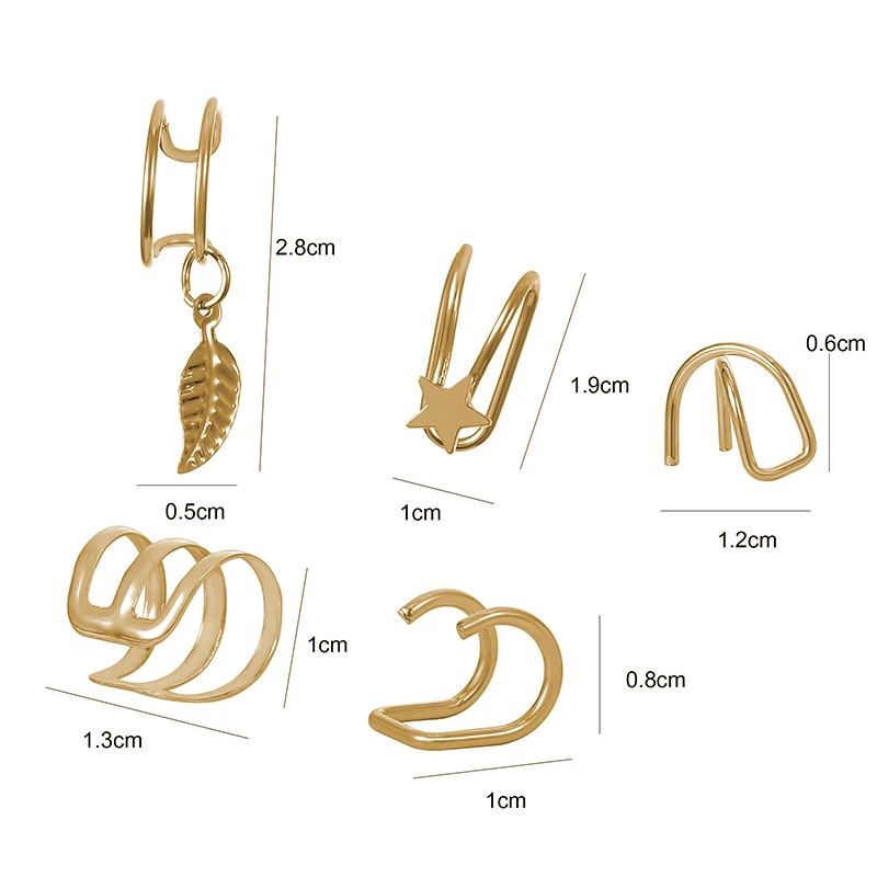 

5pcs/set 2021 Fashion Gold Color Ear Cuffs Leaf Clip Earrings For Women Climbers No Piercing Fake Cartilage Earring