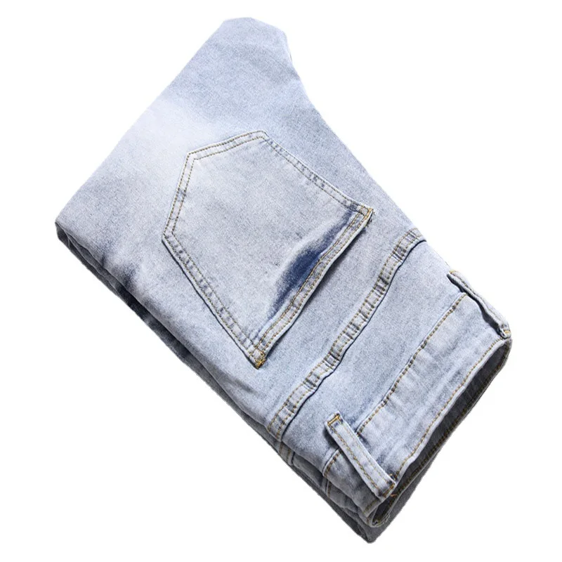 

2021 Men's Washed Straight Ripped Light Blue Stretch Jeans