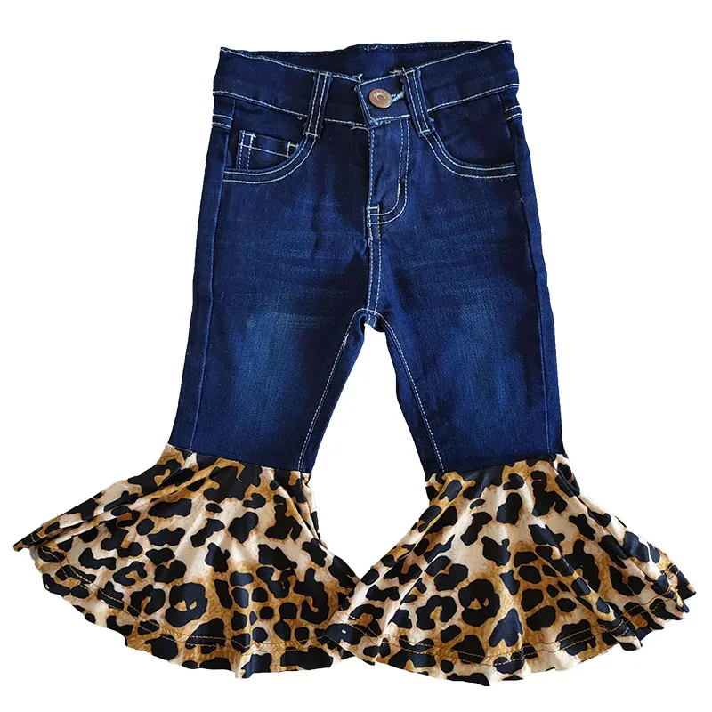 

Wholesale NO MOQ RTS High Quality Toddler Girls Leopard Ruffle Bell Bottom Soft Denim Boutique Fall Pants Kids Flare jeans Pant