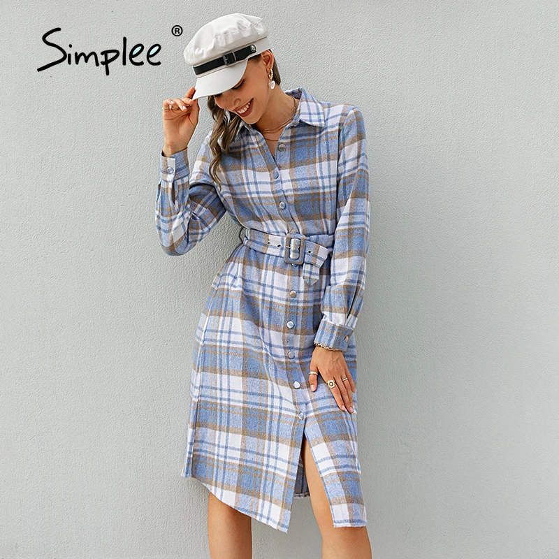 

Женское офисное платье-рубашка Simplee, клетчатое платье с длинными рукавами и пуговицами на поясе, с геометрическим отворотом, длиной до колен...