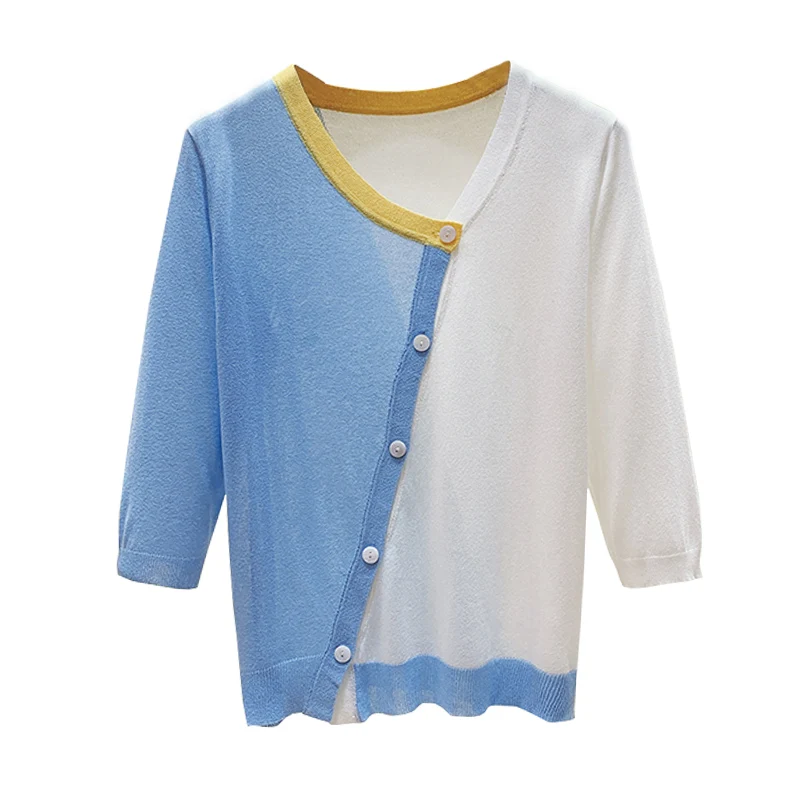 

2021 summer new cotton short-sleeved T-shirt women's O-neck pullover loose sweater large size Patchwork button sweaters