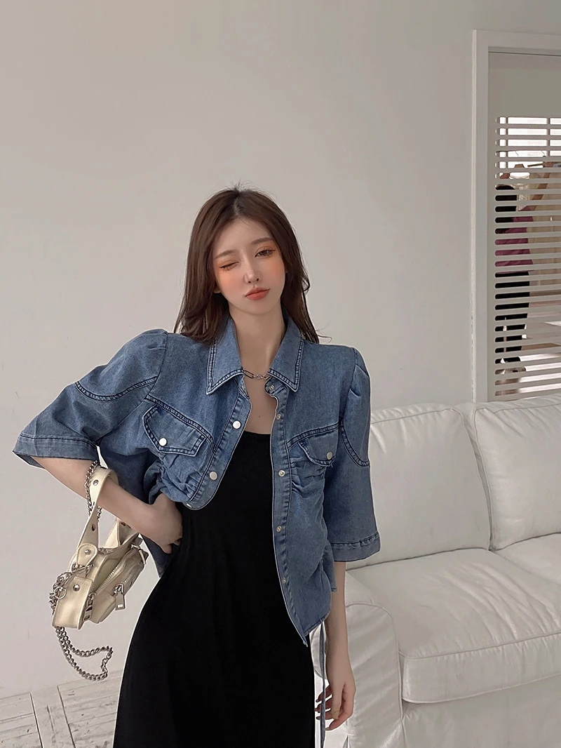

Korea 2021 Summer Fashion Turn-down Collar Single Breasted Puff Sleeve Short Denim Jacket Casual Women Ruched Chic Top Femme