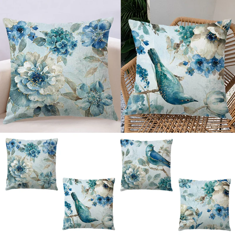 Artistic Oil Painting Design Cushion Cover Vintage Bird And Flower Floral Printed Blue Linen Pillowcase Sofa Throw Pillows Case | Дом и сад