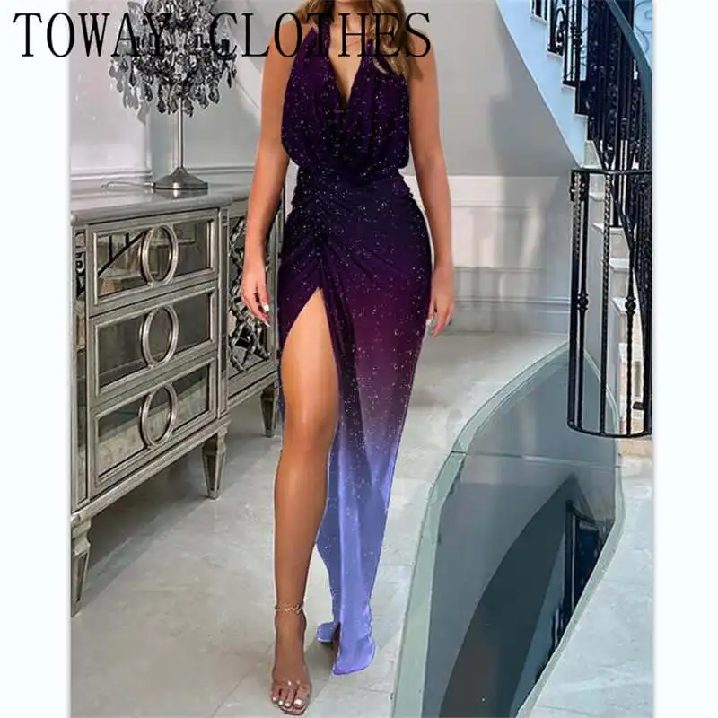 

Sleeveless Glitter Colorblock Cowl Neck High Slit Ruched Party Dress Chic Skinny Summer Sexy Party Club Maxi Dresses For Women