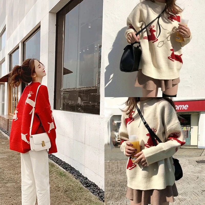 

Women Autumn Winter Long Sleeves Round Neck Knitted Sweater Solid Color Fawn Pattern Pullover Loose Jumper Casual Tops Streetwea