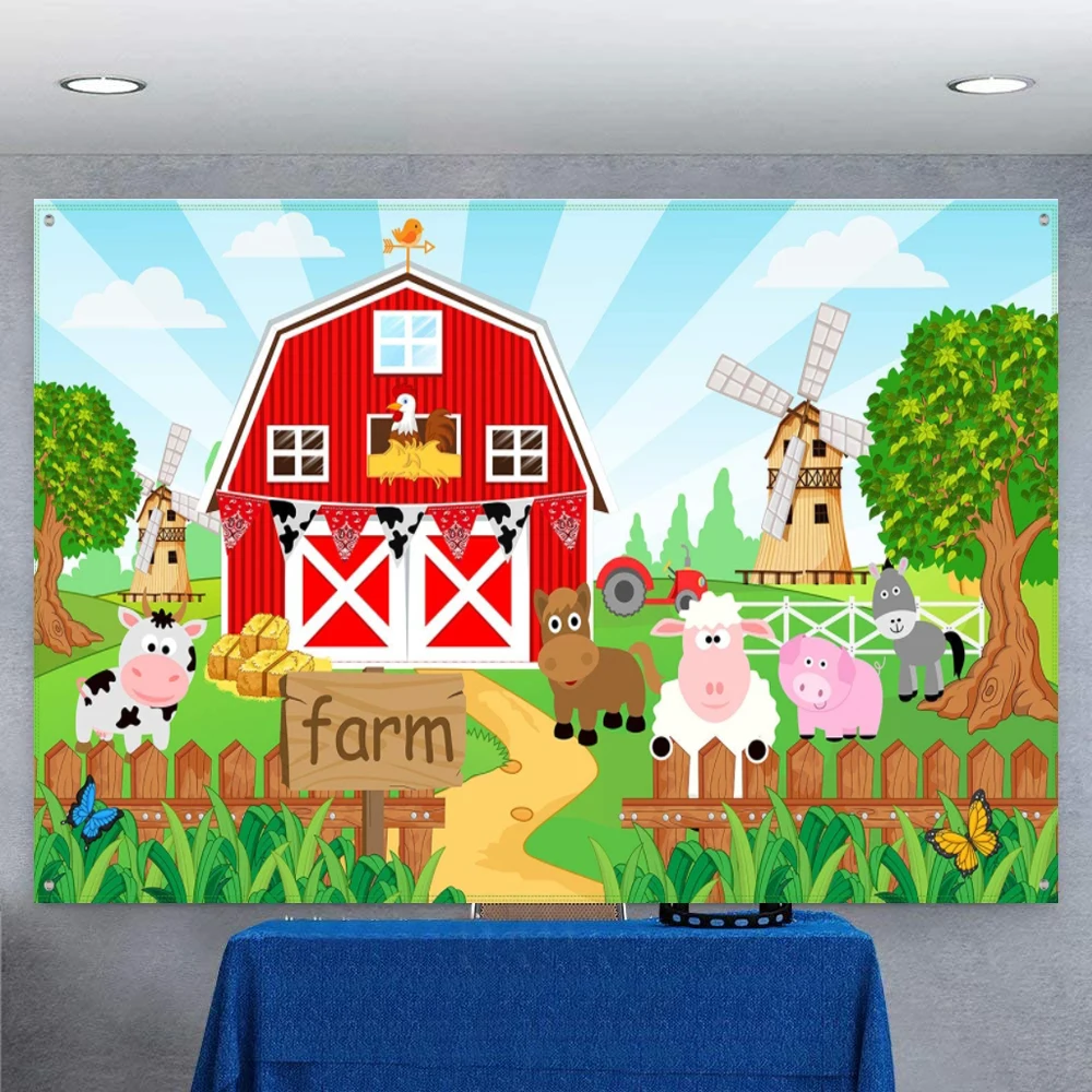 

Farm Animals Theme Party Decorations Barn Photography Backdrop Banner For Grass Children Birthday Party Scenic Background Poster