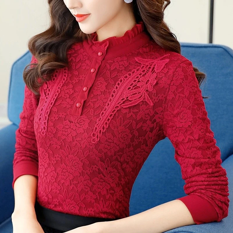 

Spring Autumn Women Tops Fashion Lace Blouse Long Sleeve Slim Body Crochet Floral Lace Shirt Elegant Plus Size Lace Top df2216