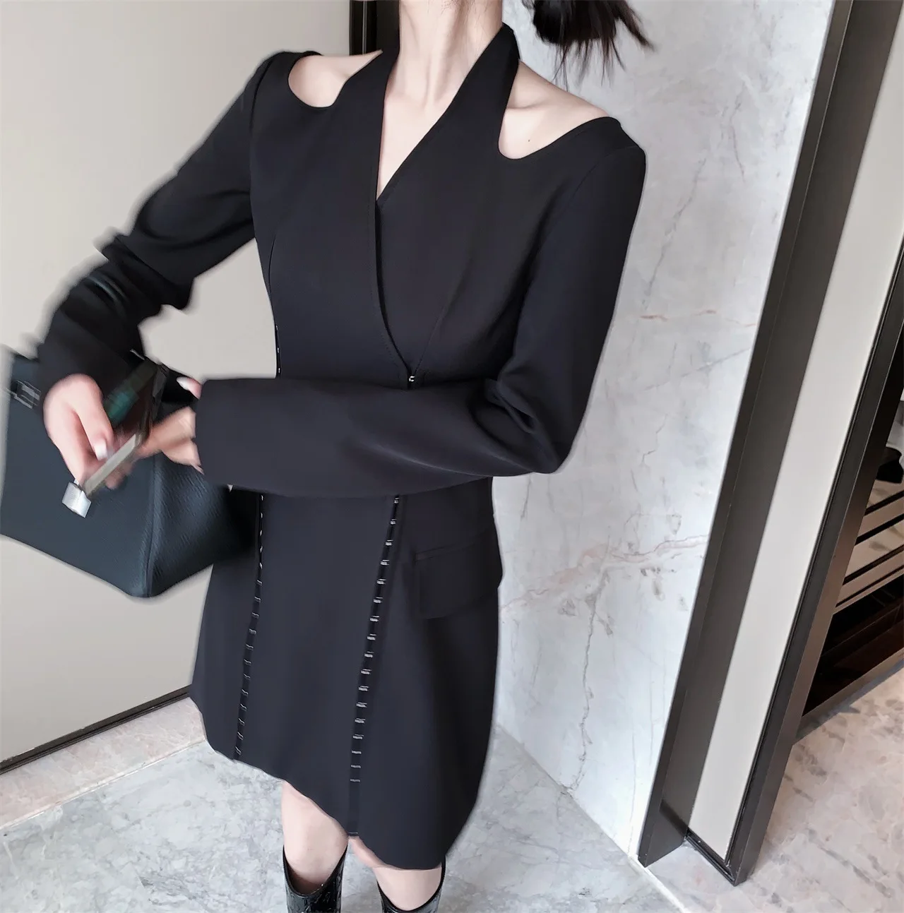 

TVVOVVIN Female High Waist Slim Short Dress Spring New Halter Long Sleeve Solid Color All-match Women Dress 0EUR