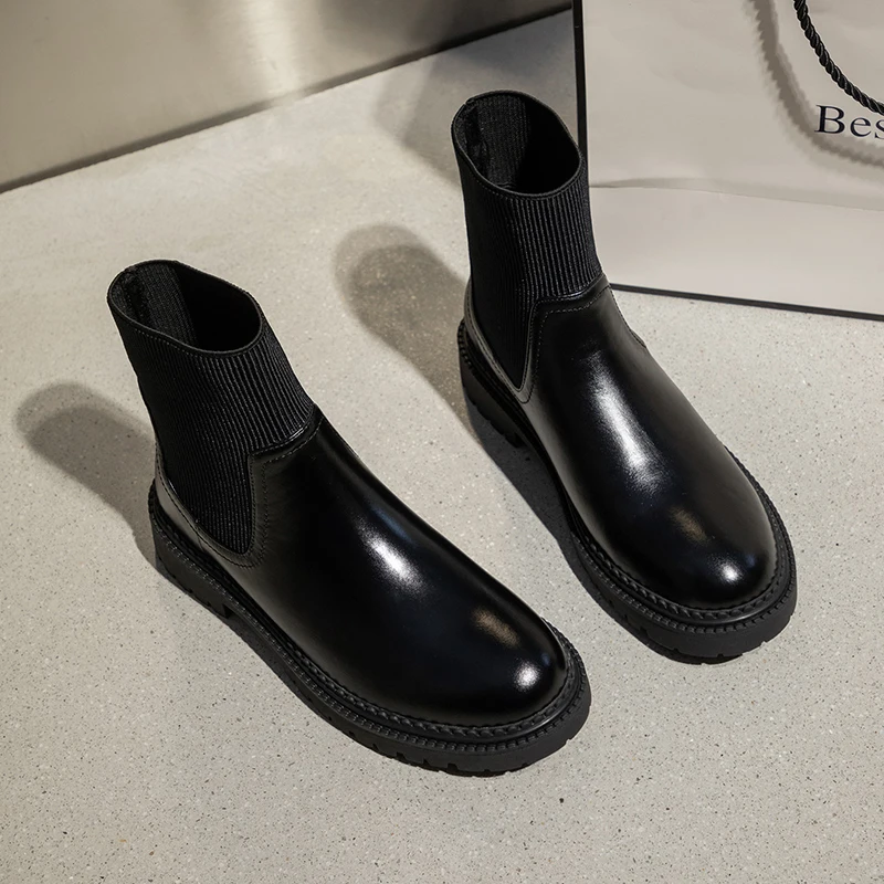 

Women's genuine leather stretch knit patchwork slip-on flats autumn ankle boots round toe casual short booties shoes for women