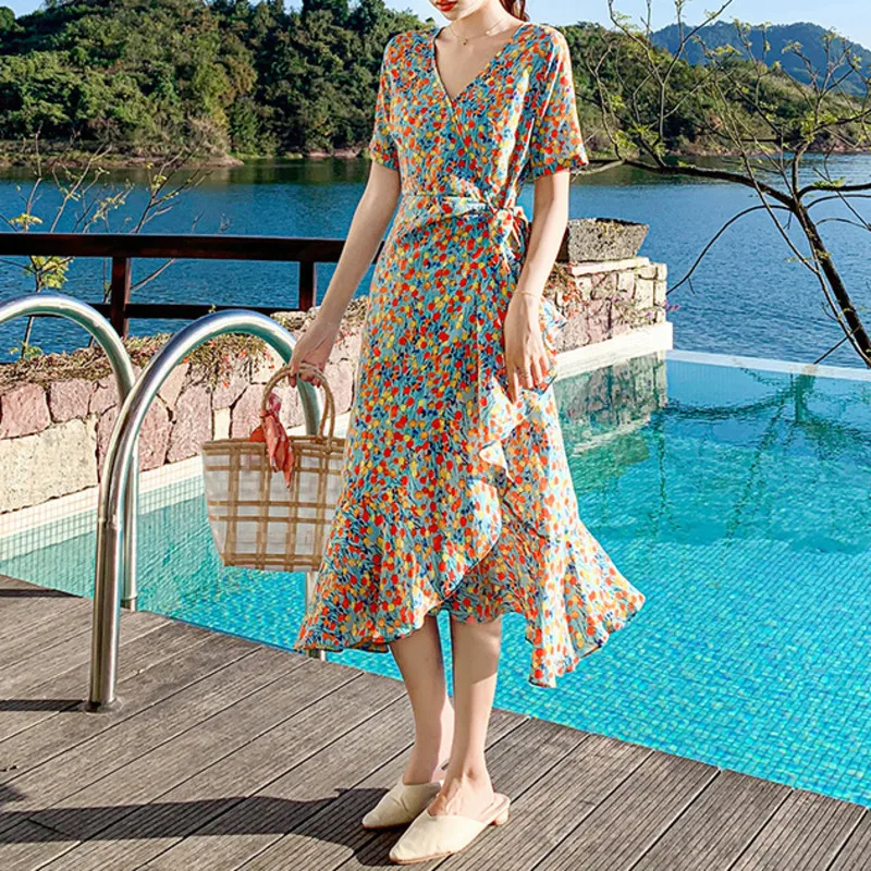 

Bohemian Floral Print Midi Dress Women Vintage Chiffon V Neck Short Sleeve Beach Party Dresses Summer Ruffles Mermaid Dress