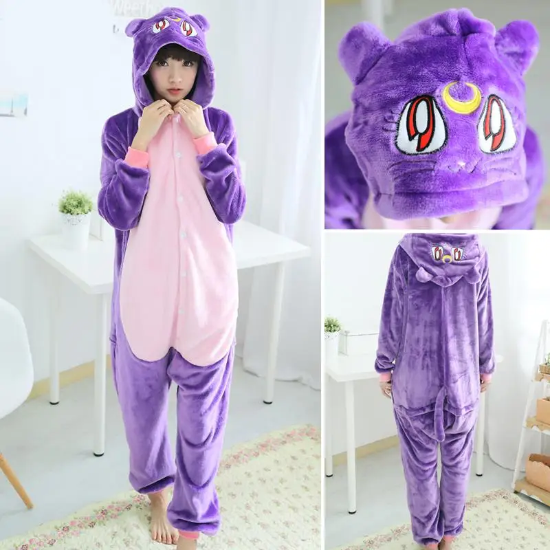 Purple Cat FL Пижамы для взрослых, Женские Фланелевые пижамы, кигуруми, единорог, Ститч, тигр, Тоторо, Мультяшные животные, пижамные комплекты, пижамы с капюшоном - Цвет: Purple Cat FL