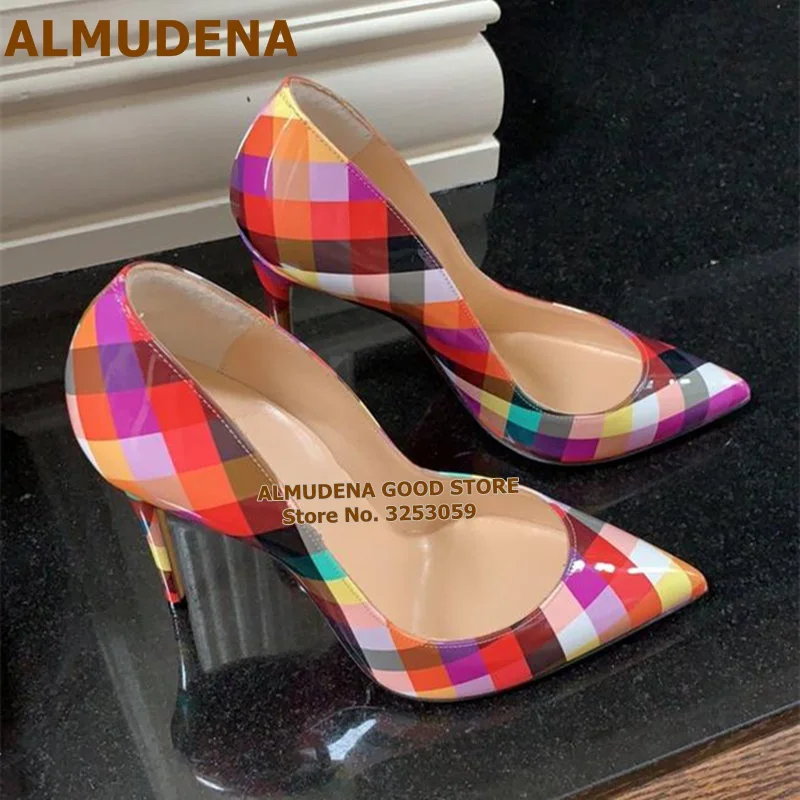 ALMUDENA Multicolor Checkered High Heel Shoes Colorized Plaid 12 10 8cm Gladiator Shoes Slip-on Shallow Wedding Pumps Size45