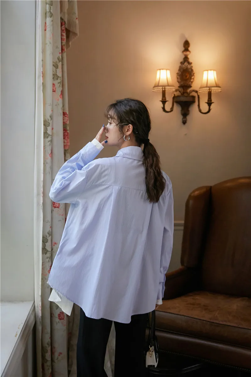 

CHEERART Desinger Pathcwork Long Sleeve Shirt Women Tops And Blouses Light Blue Button Up Collar Shirt Casual Autumn Spring