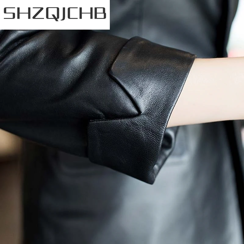 

JCHB 2021 Women New England Style Slim Sheep Leather Suit Solid Bla Genuine Leather Sheepskin Single Button Turn down Collar Out