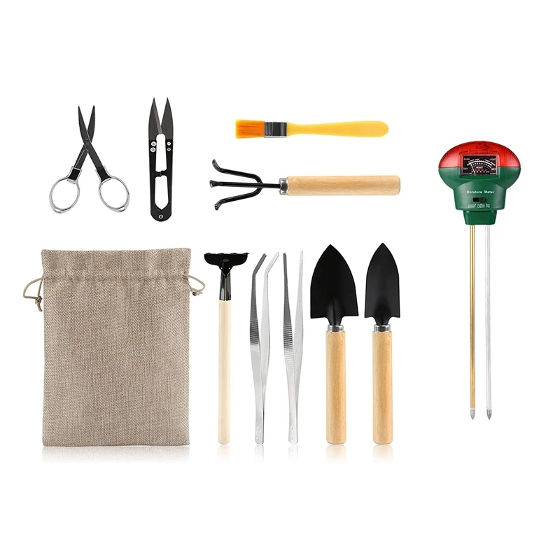 

10 Pieces Mini Bonsai Tools Gardening Tool Kit & 1x Soil PH Meter, 3-In-1 Soil Moisture Ph Light Tester