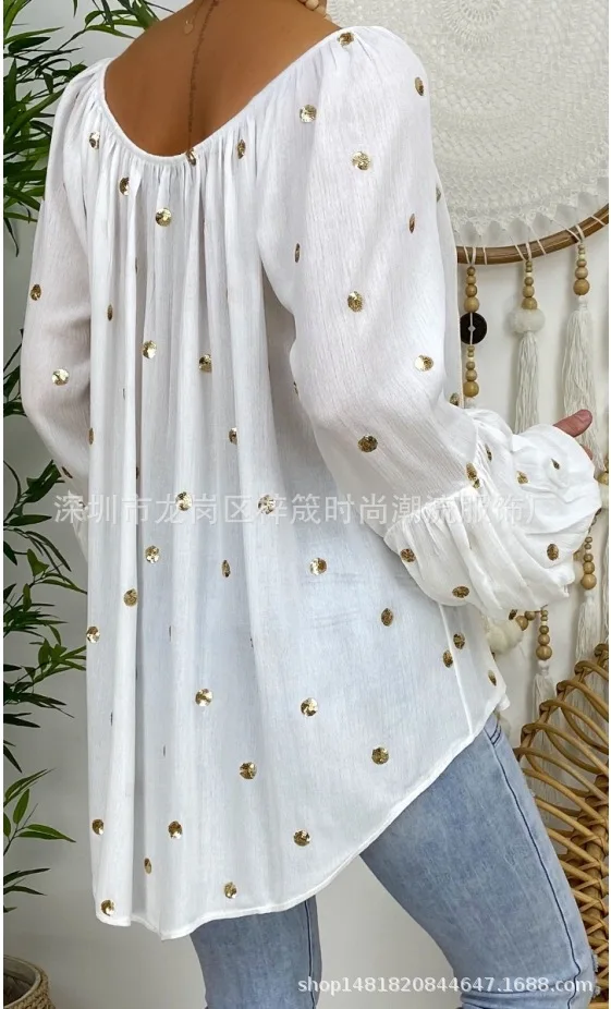 Large size loose women blouse 2020 summer bohemian top casual V-neck horn show strap sequined ladies shirt | Женская одежда