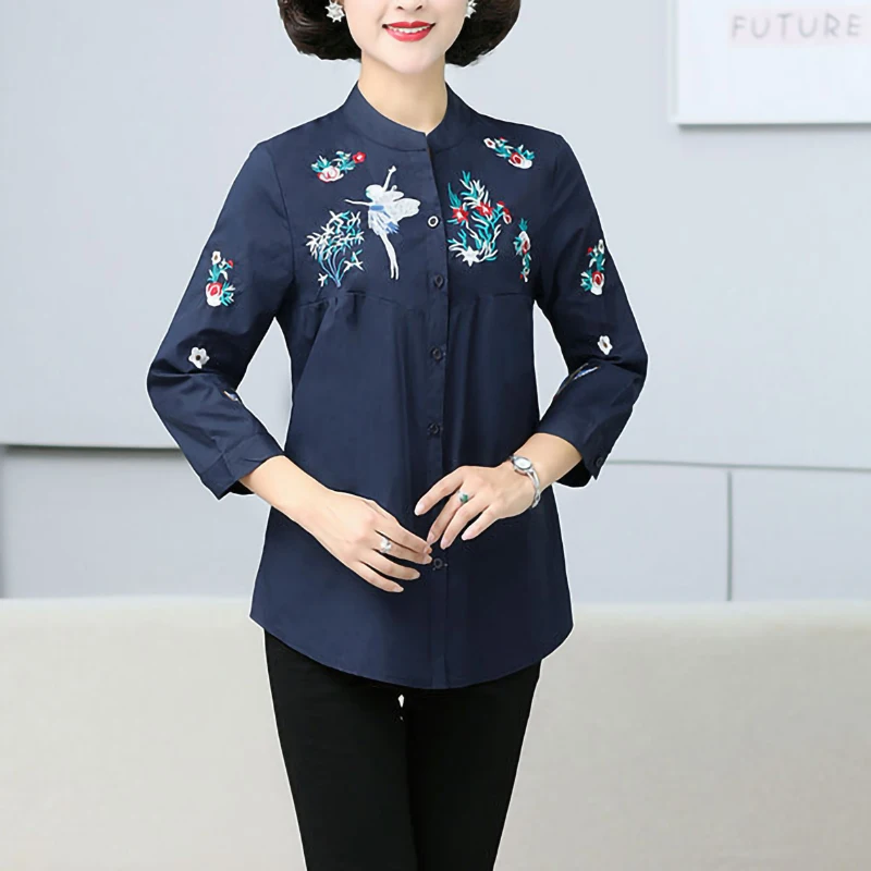 Женская Офисная рубашка с вышивкой белая блузка на пуговицах рукавом 3/4