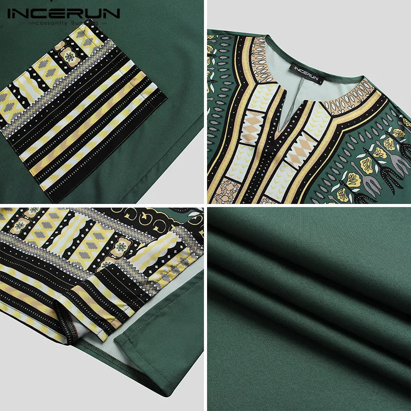 

Muslim Kaftan Men Printing Robes V Neck Long Sleeve Pockets Ethnic Vintage Caftan Islamic Arabic Mens Jubba Thobe INCERUN S-5XL