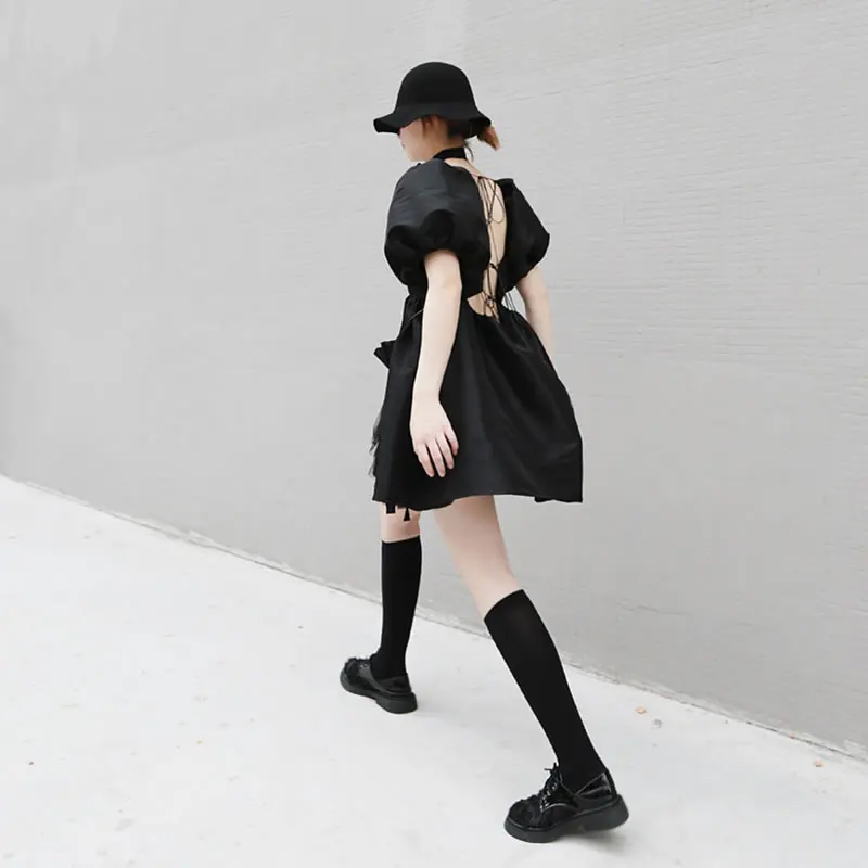 Женское платье с высокой талией XITAO DMY4440 черное повседневное ажурное квадратным