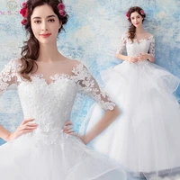 white o neck half sleeve ruffles ball gown wedding dresses 2019 new tulle elegant lace appliques bridal gowns vestido de novia