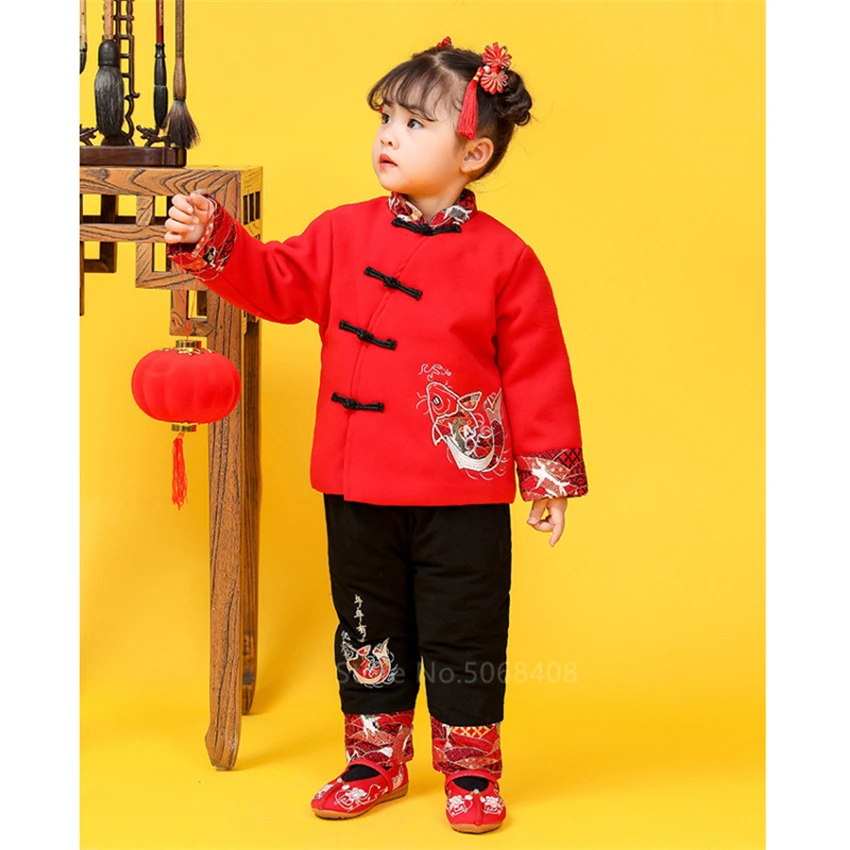 

Chinese Style Tang Suit Kids Traditional Embroidery Boys Girl Chinese New Years Clothes Jacket Top Coat Pants Spring Festival