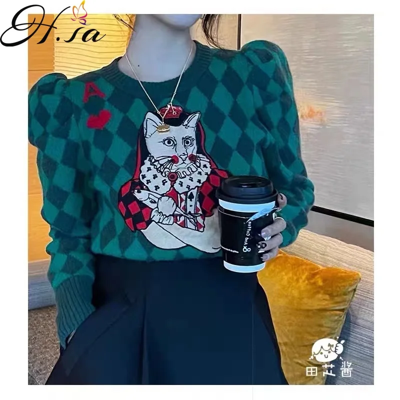 

Hsa European Fashion Cartoon Cat Argyle Sweater Pull Jumpers Bubble Sleeve O NeckShort Sweater For Women 2021 Slim Top Fashion