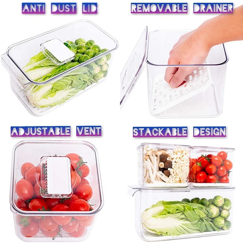 

Saver Containers for Refrigerator,Food/Fruit/Vegetables Storage,Stackable Fridge Freezer Organizer with Vented Lids