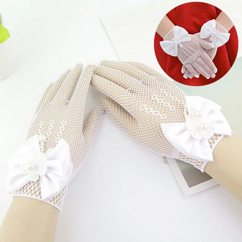 

Kids Lace Pearl Mesh Bow Gloves Girl Party Supplies Birthday Ceremony Coronation Accessories For Gilrs Princess Gift Mittens