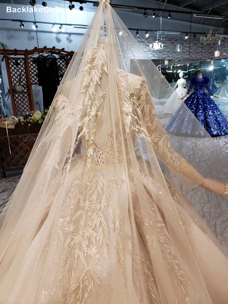 Свадебное платье со съемным шлейфом Платье с длинными рукавами и круглым вырезом