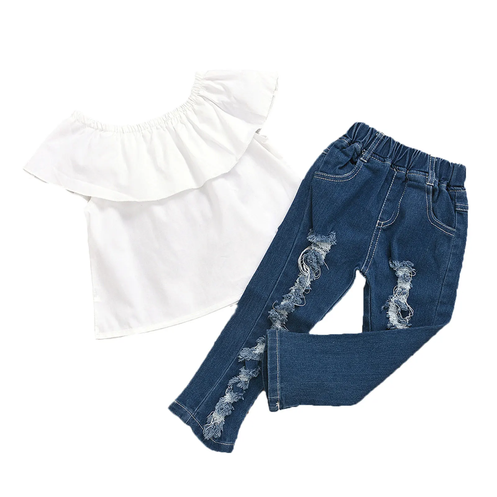 

Комплект одежды для маленьких девочек из 2 предметов, однотонный топ + рваные джинсы, модный комплект для девочек, подходит для повседневной ...
