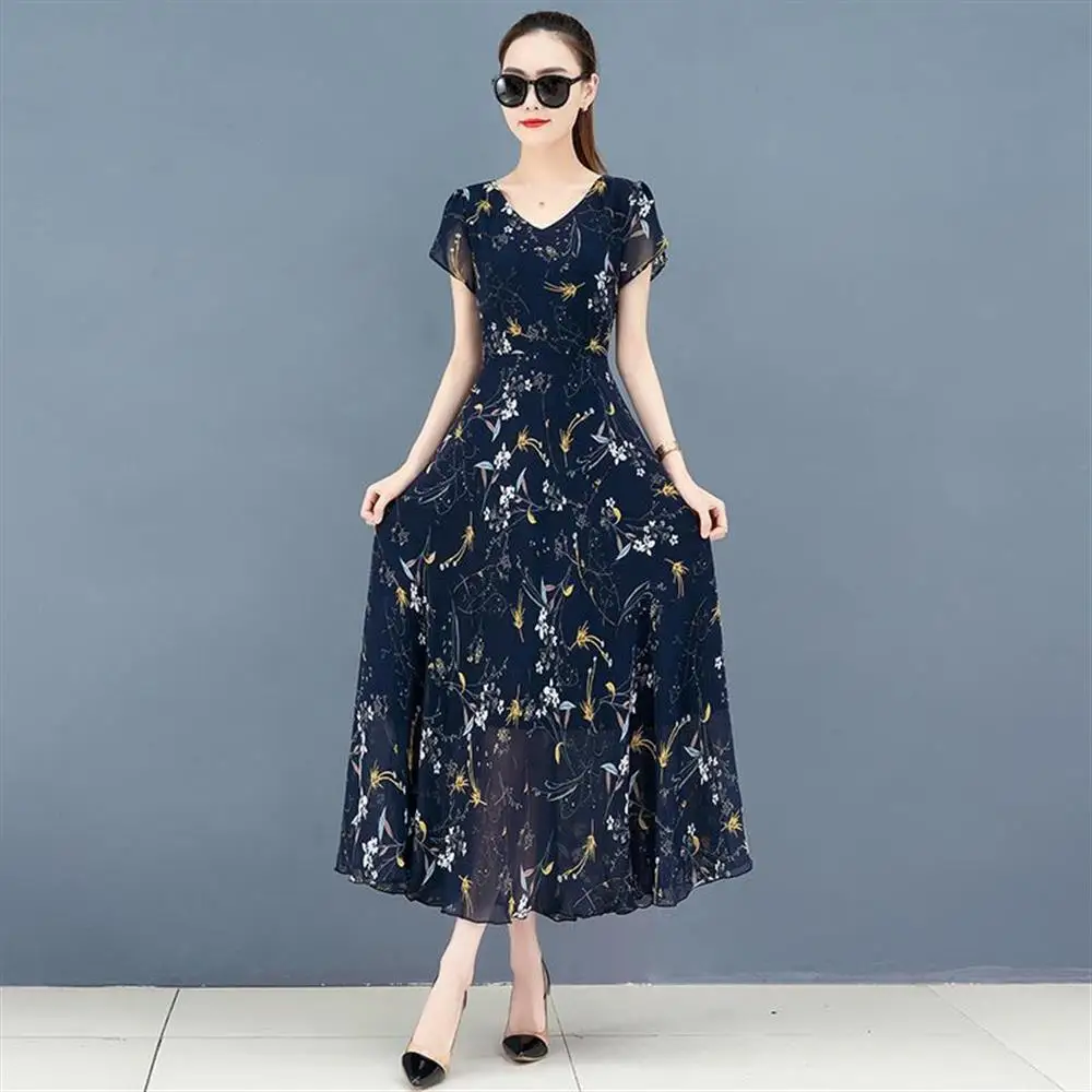 

Womens Short Sleeve V-Neck A-Line Long Dress Summer Casual Floral Print Dresses