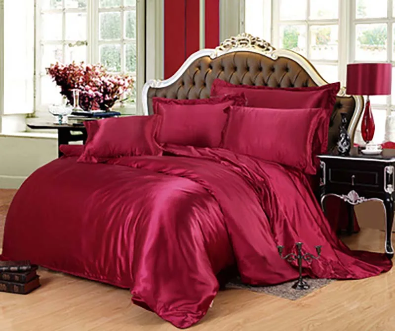 

2021 Promotion Top Fashion Wine Red Satin Bedding Set King Double Size Silk Summer Used Luxury Duvet Cover Linen Bed Kit 4PCS