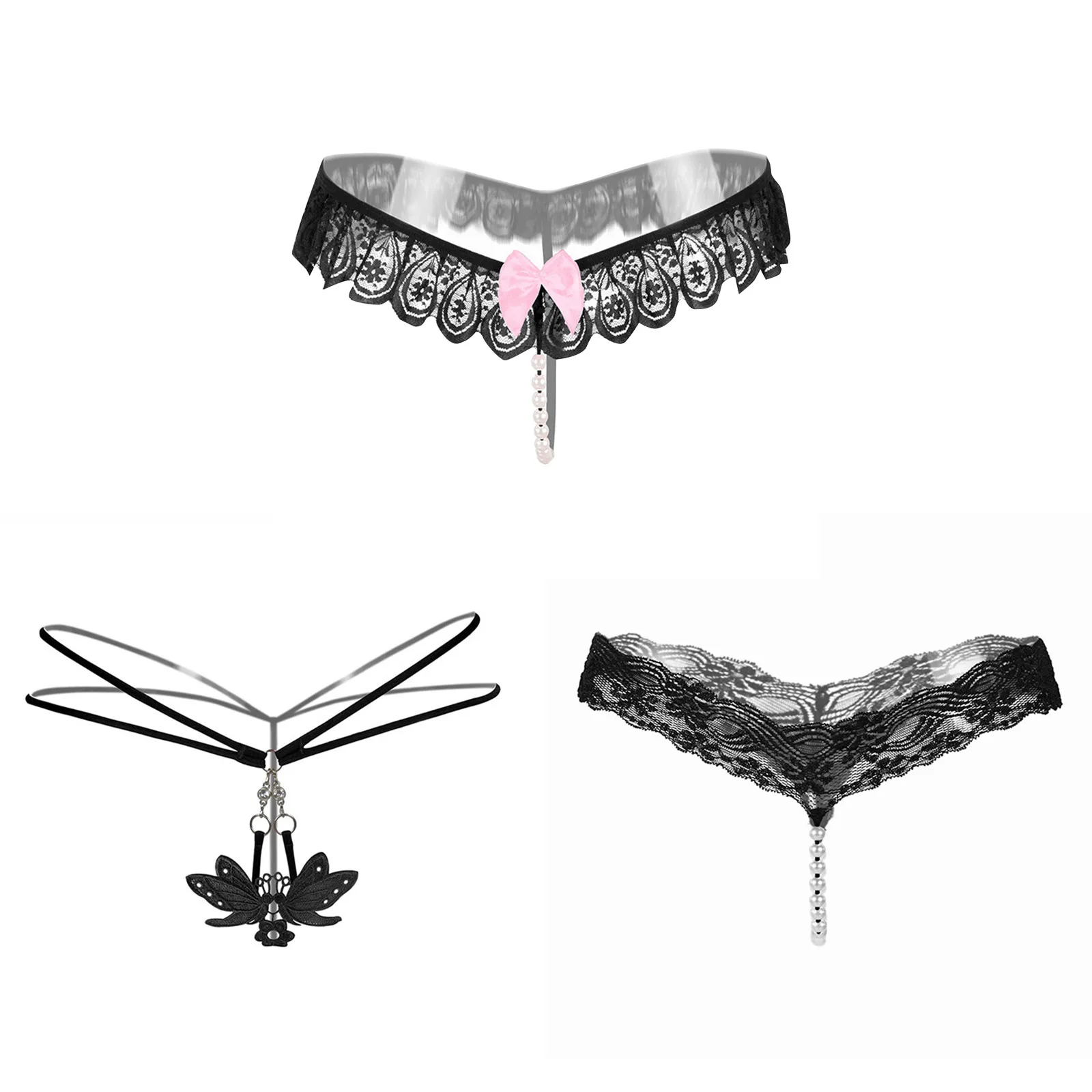 

3PC Women Lady Thong Sexy Panties Thong Lace Pants Ladies Briefs Underwear Low Waist Sexy Beaded Panties Underpants Underwear