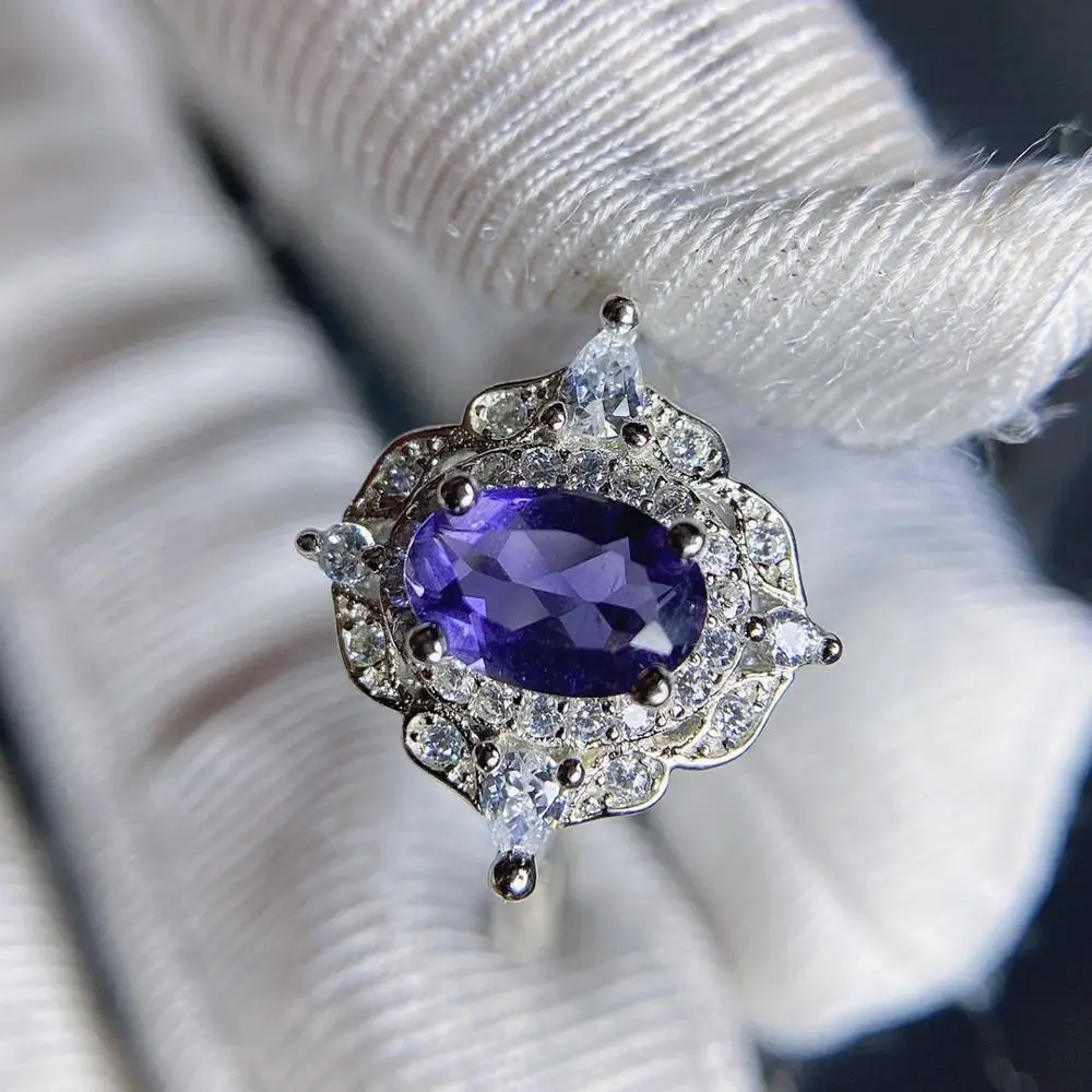 

Natural sapphire cordierite women gemstone ring adjustable comparable Sri Lanka 925Gorgeously surrounded by shining zircon fine