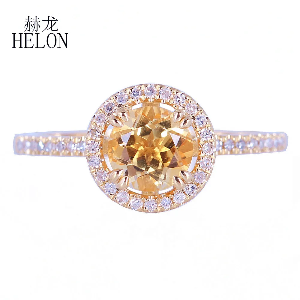 

HELON Solid 14k Yellow Gold Round 6.5mm Genuine Natural Citrine & Diamonds Women Engagement Birthday Anniversarry Best Gift Ring