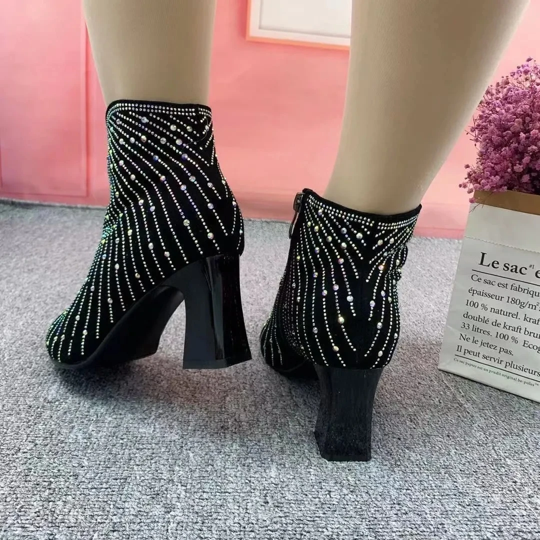 2021 Fashion Rhinestone Women Ankle Boots Square Low Heel Pointed Toe Pumps Shoes Ladies Slip on Chelsea Short Boot