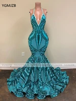 teal sparkly sequin long prom dresses 2020 halter backless lace african women black girl mermaid formal party evening gown