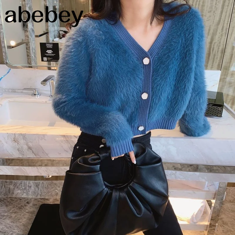 

Women Cardigan Striped V-Neck Elegant Autumn Females Outwear Street Single Breasted Crop Top Leisure Chic Korean Style Soft Warm