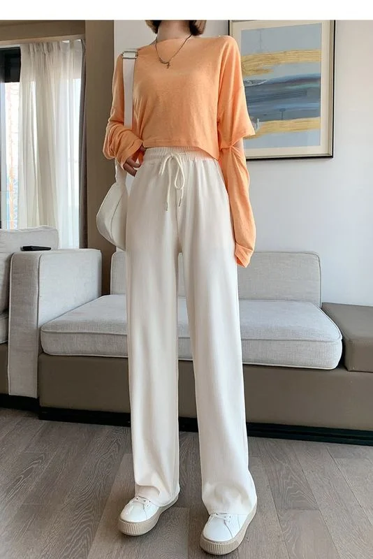 Шелковые брюки с широкими штанинами женские тонкие белые высокой талией |