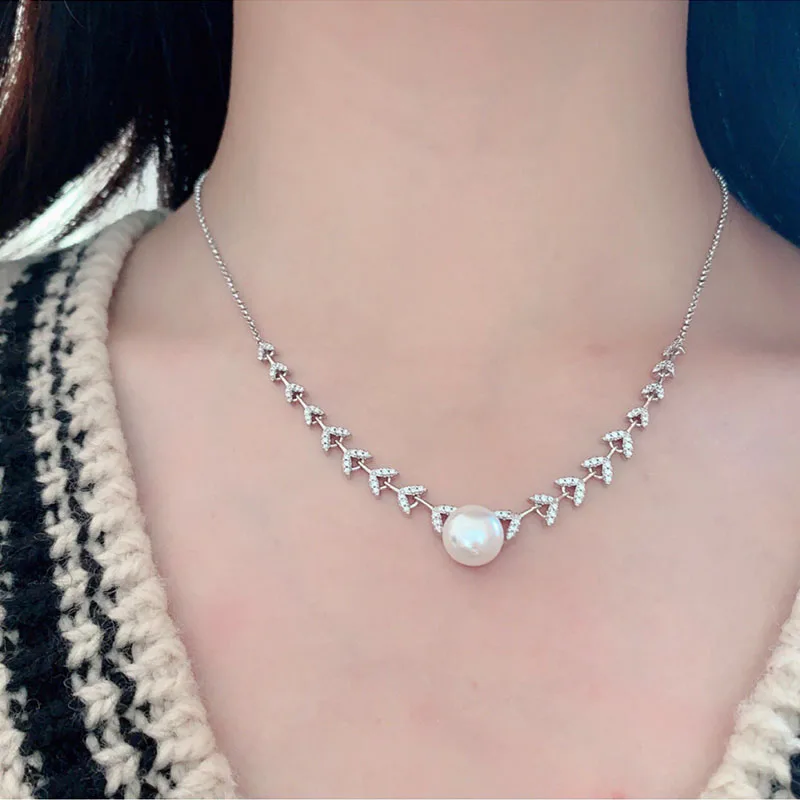 

Pure 925 Sterling Silver Flower Leaves Pearl Necklace Micro Cubic Zirconia Stones Women Fashion Wedding Party Jewelry