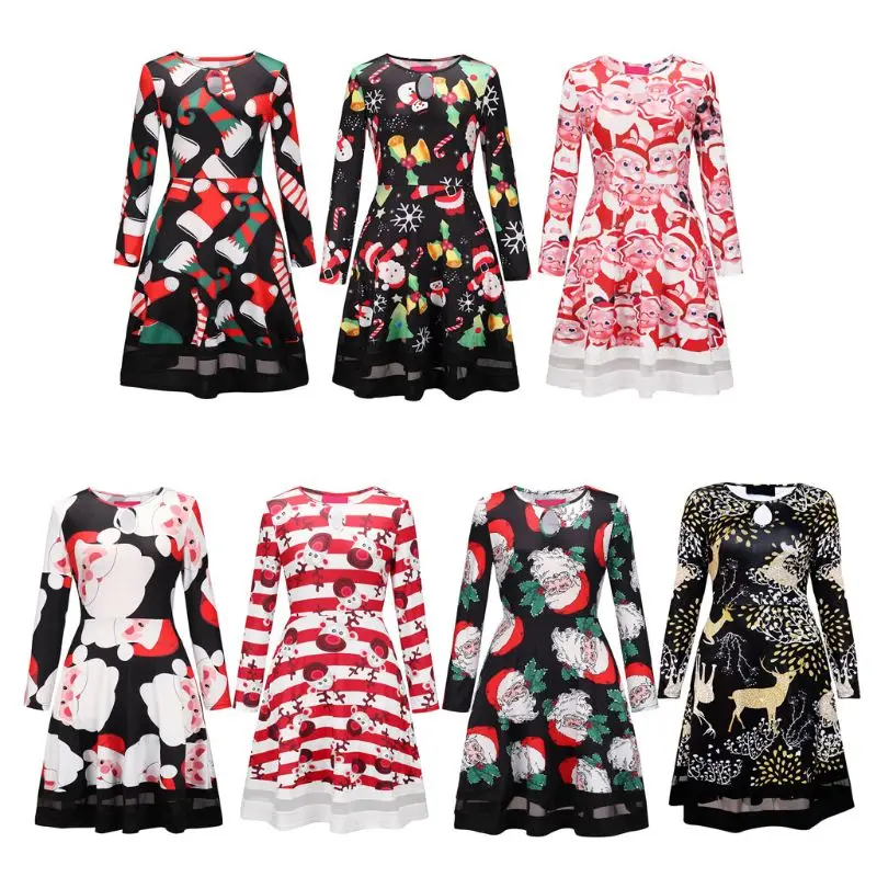

Women Christmas Costume Long Sleeve Crew Neck Slim A-Line Dress Santa Claus Christmas Tree Pattern Print Dress Club Party Street