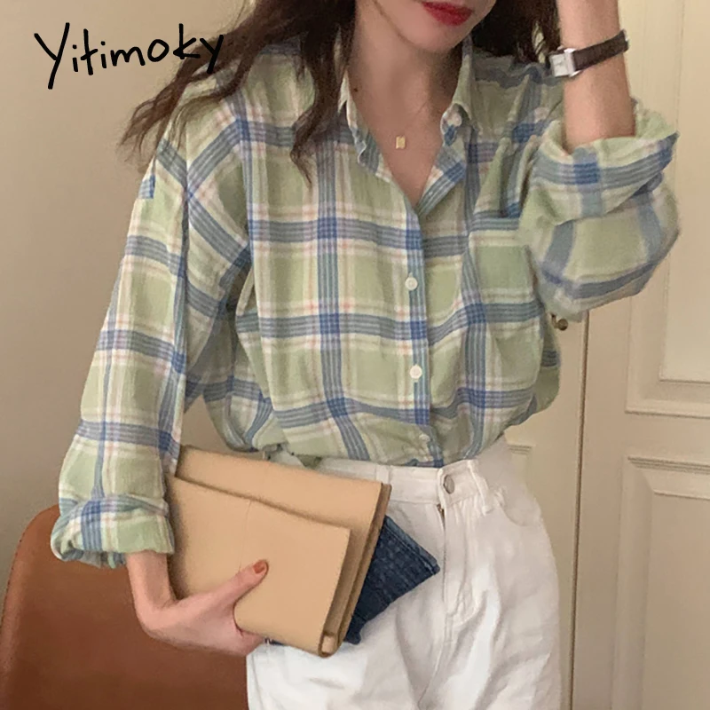 

Блузка Yitimoky Женская в клетку, винтажная Свободная рубашка с длинным рукавом, на пуговицах, с отложным воротником, белого и зеленого цветов, в...