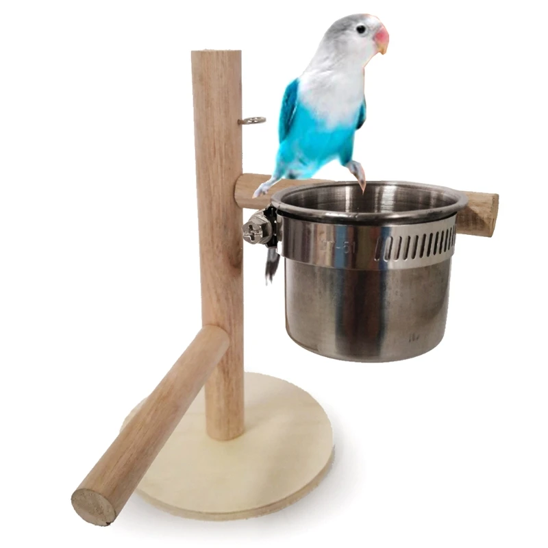 

Birds Feeding Dish Cup Parrot Wooden Standing Perch with Stainless Steel Bowl 87HA