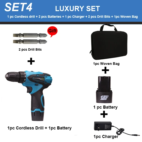 SET4 (2 pcs battery) 12V электрические инструменты 1,5 Ah литий-ионная на батареях шуруповёрт 18+ 1 крутящий момент Беспроводная электрическая дрель для сверления в керамическом дереве - Цвет: SET4 (2 pcs battery)
