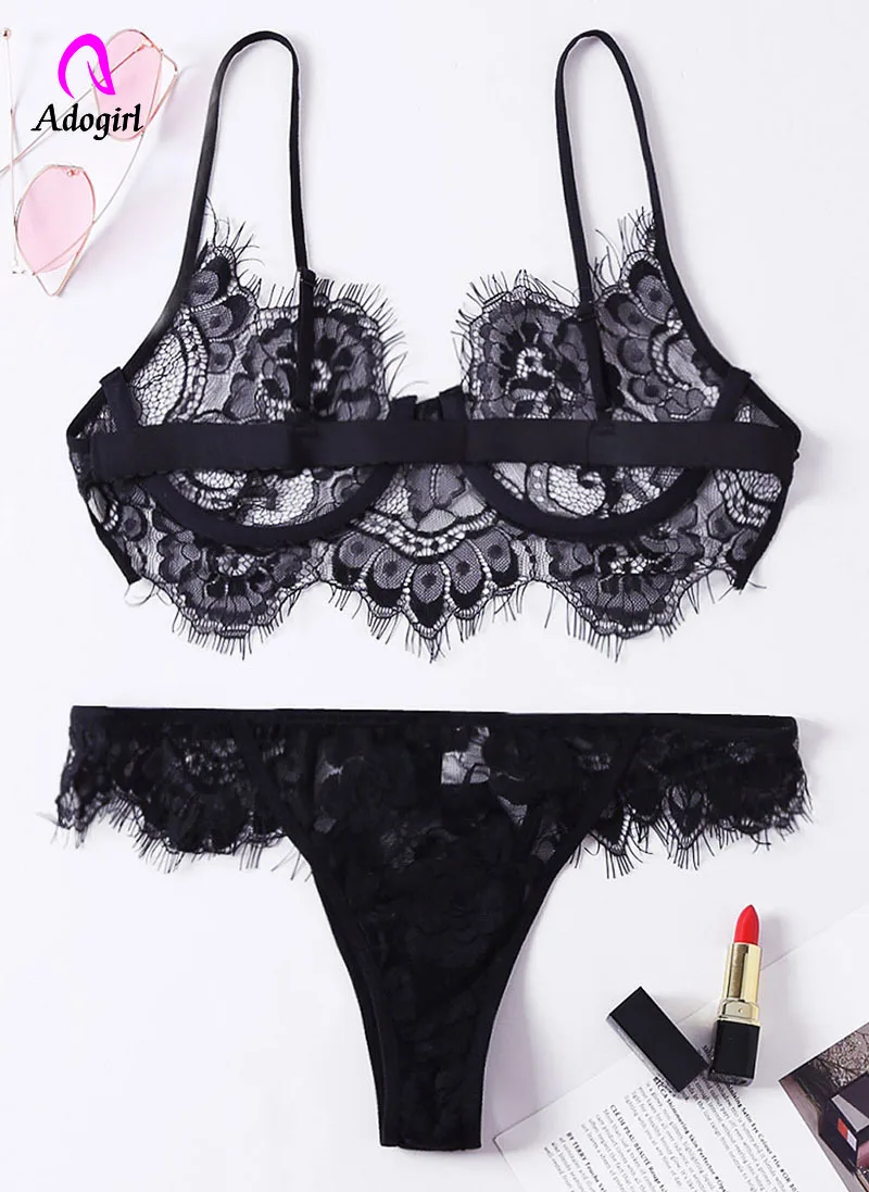 

Eyelash Trim Bralettes Bra + Thong Set 2019 Sexy Woman's Sheer Lace Lingerie Bras Set Female Hollow Out Perspective Slim 2pcs