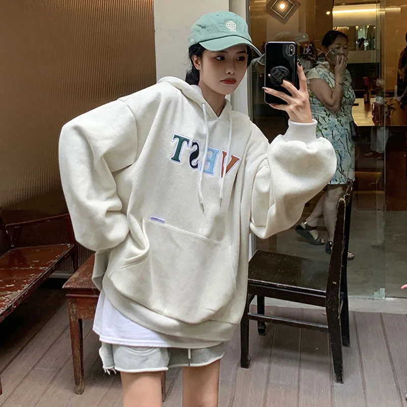 

Свободные толстовки средней длины, свитшот для женщин, уличная одежда в Корейском стиле, модные спортивные пуловеры с длинными рукавами и к...