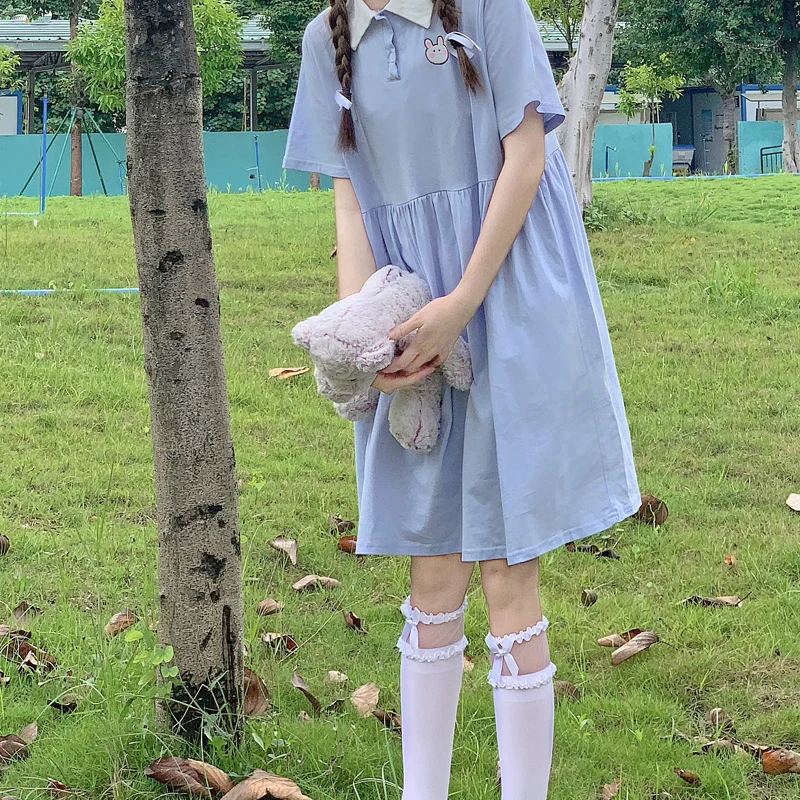 

Summer New Japanese Cute College Style Polo Collar Dress One-Piece Women Harajuku Loose Mori Girl Kawaii Lolita Dresses Vestidos